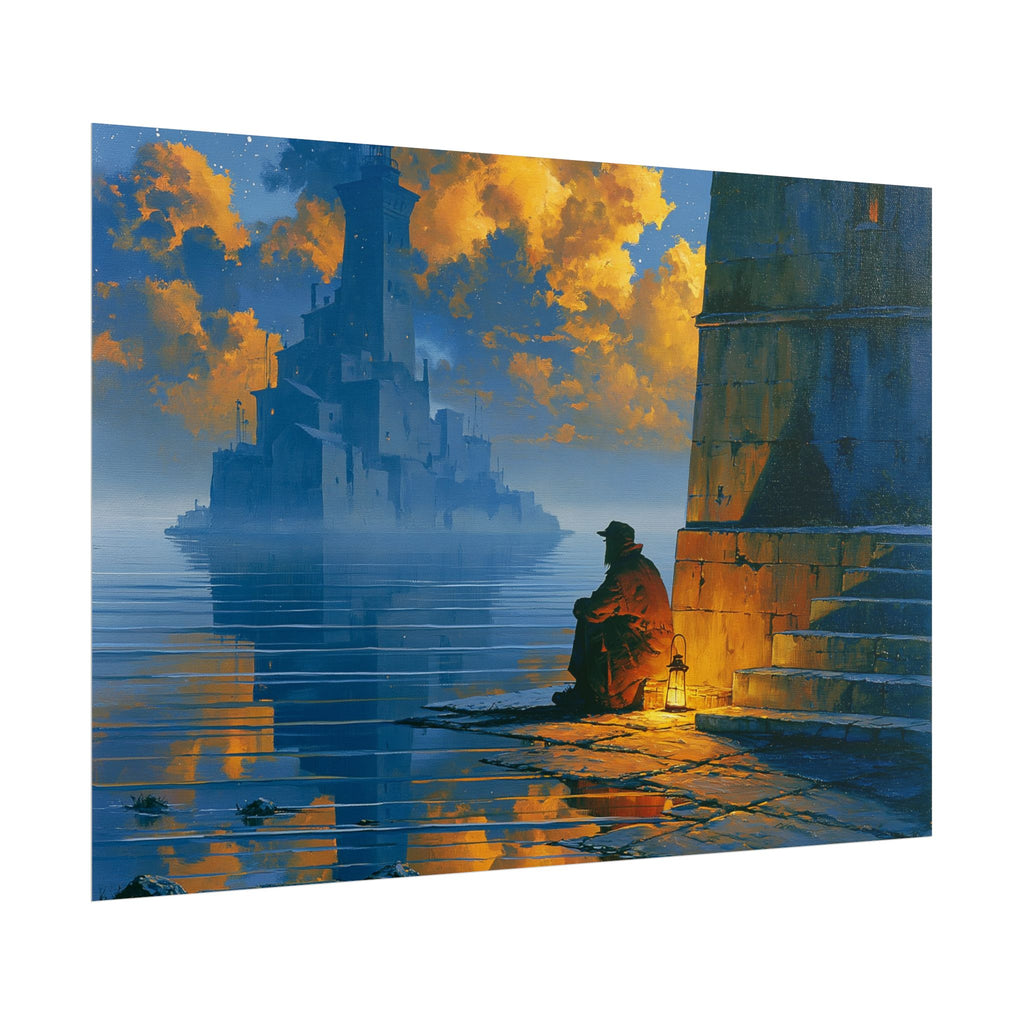 Rolled Poster — Solitary Lantern by the Sea: Moody Fantasy Landscape Print