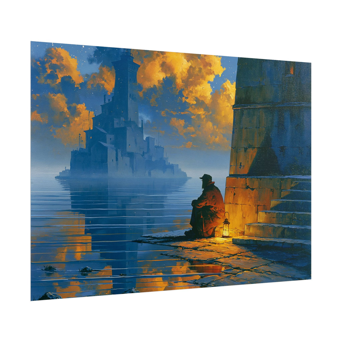 Rolled Poster — Solitary Lantern by the Sea: Moody Fantasy Landscape Print