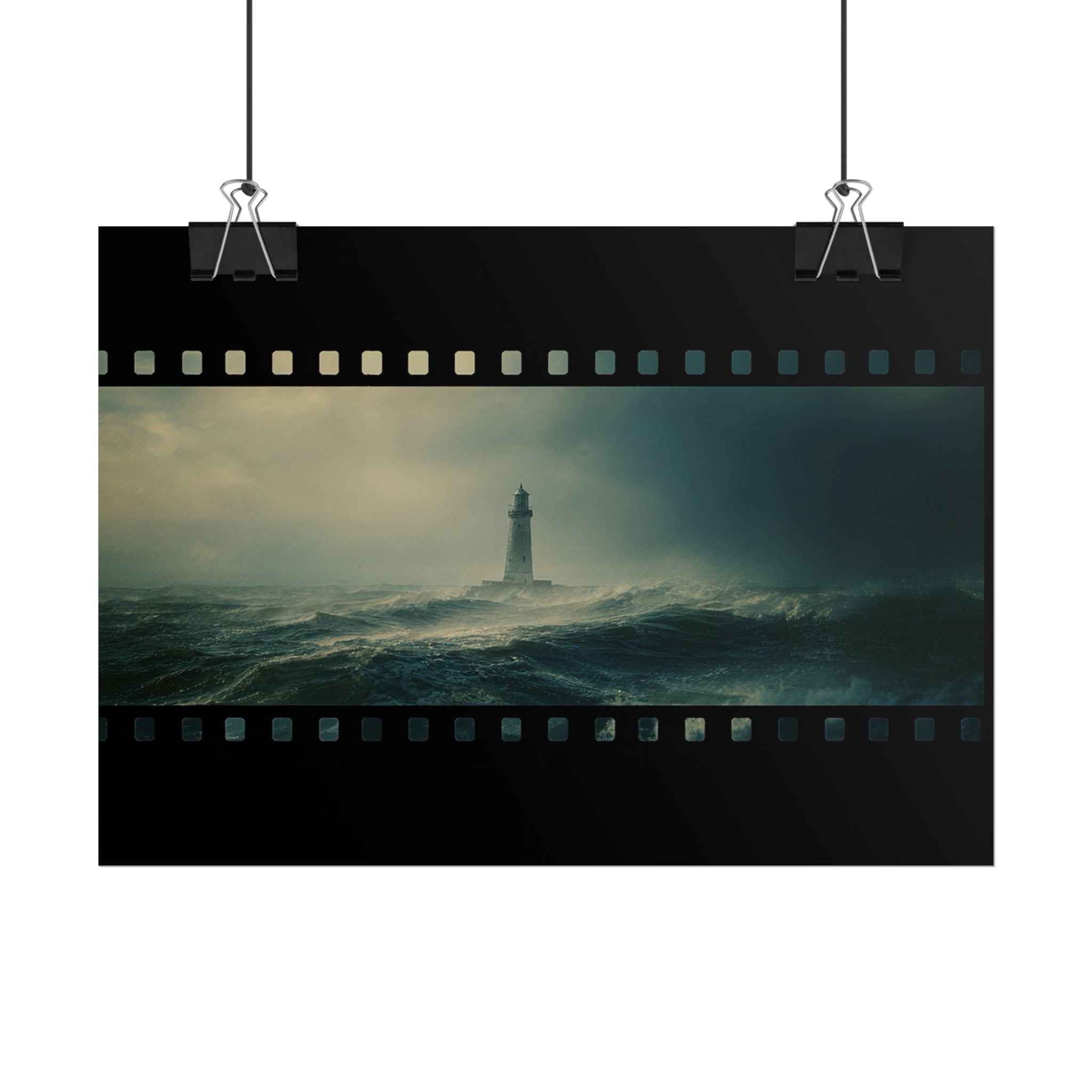 Lighthouse Filmstrip Rolled Poster — Moody Ocean Storm Wall Art