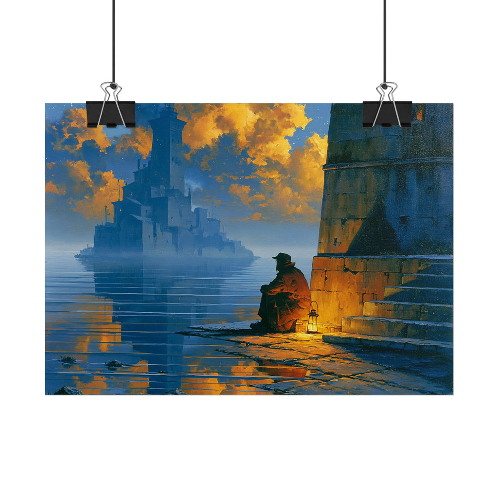 Rolled Poster — Solitary Lantern by the Sea: Moody Fantasy Landscape Print